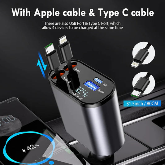 4 in 1 Retractable cables 2 Type C and iOS Fast Charging Car Phone Charger